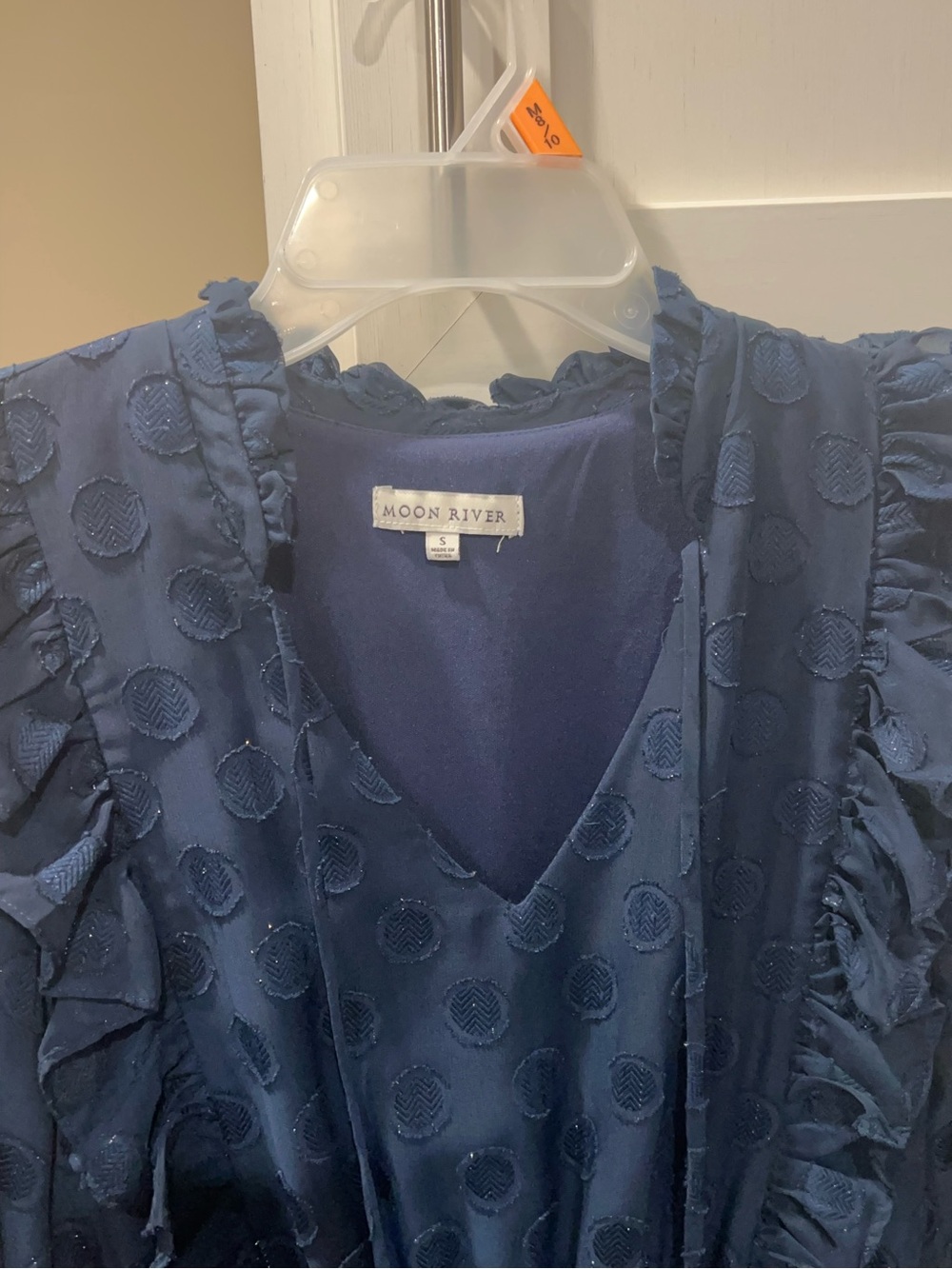 Moon River Navy Dot Ruffle V-Neck Blouse